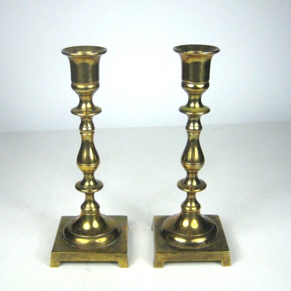 Vintage Brass Candlestick Holders Set of 2 Made in India Square Footed Base - Picture 1 of 10